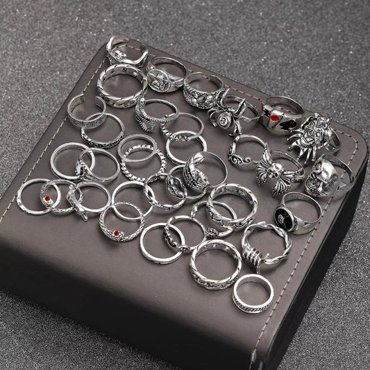 35PCS Vintage Punk Silver Color Gothic Rings for Men