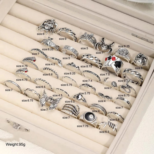 35PCS Vintage Punk Silver Color Gothic Rings for Men